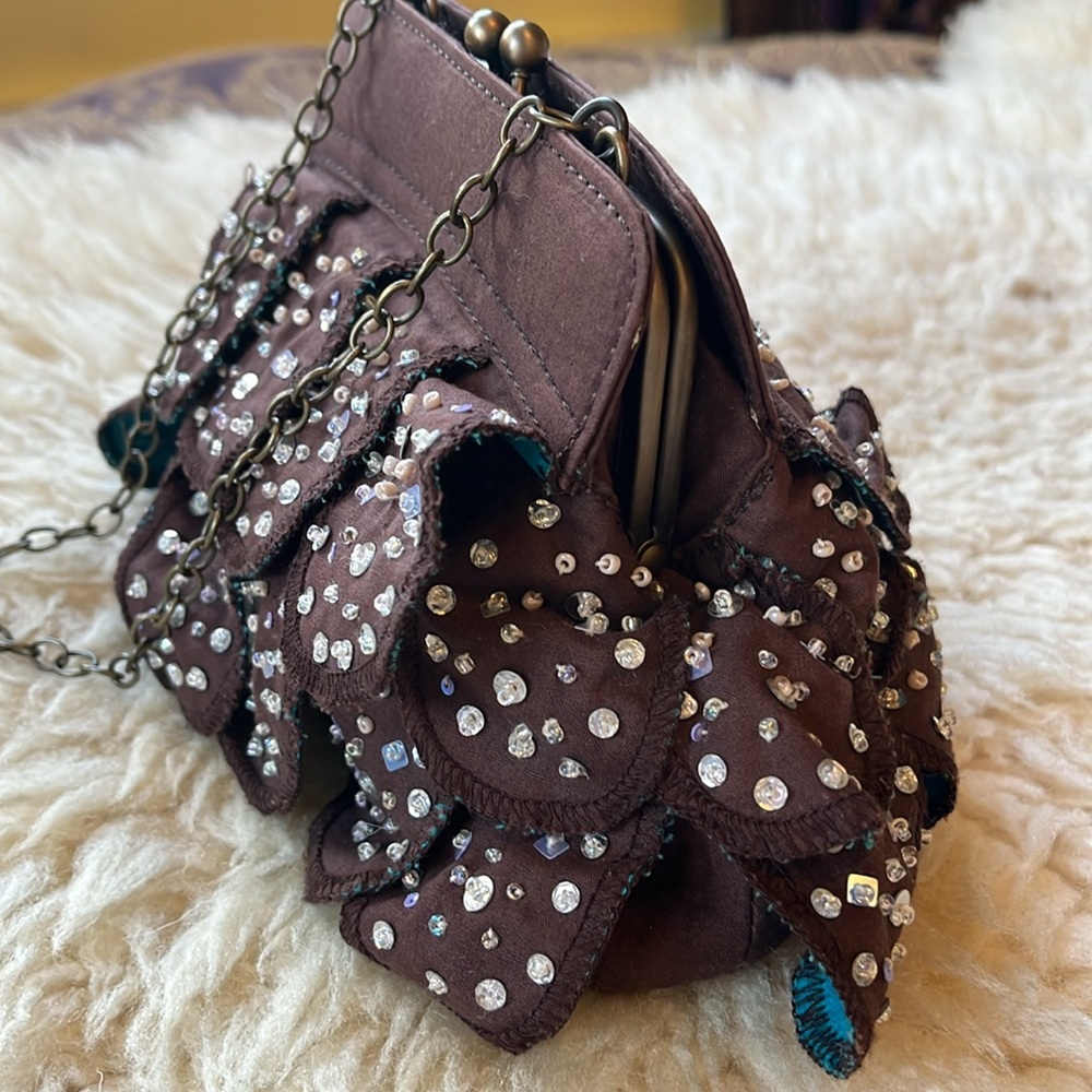 Vintage Gap Brown & Teal wristlet w/sequins & beads gold/brass frame clasp - Picture 5 of 17